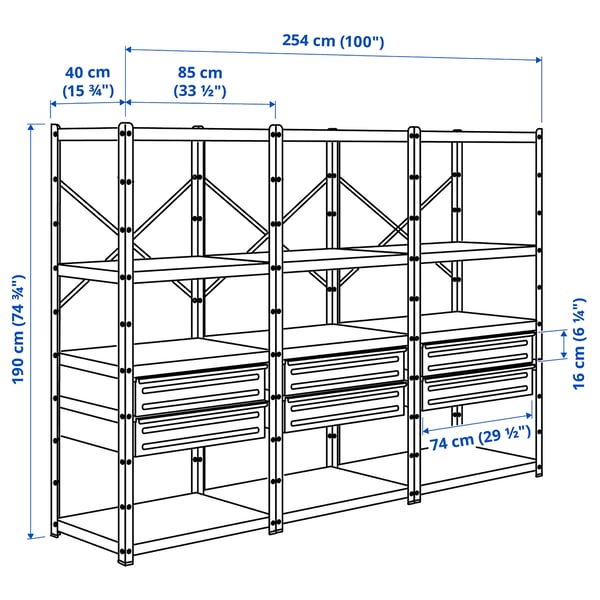 BROR - BROR Shelving unit with drawers/shelves, black, 254x40x190 cm
