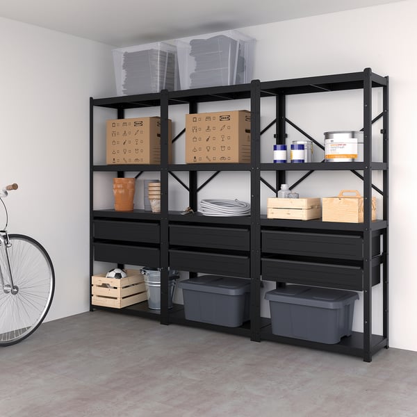 BROR - BROR Shelving unit with drawers/shelves, black, 254x40x190 cm