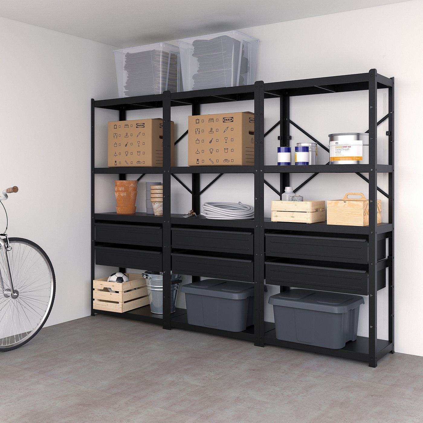 BROR shelving unit with drawers/shelves, black, 254x40x190 cm