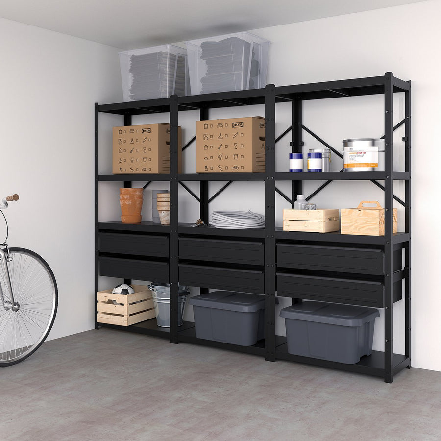 BROR shelving unit with drawers/shelves, black, 254x40x190 cm