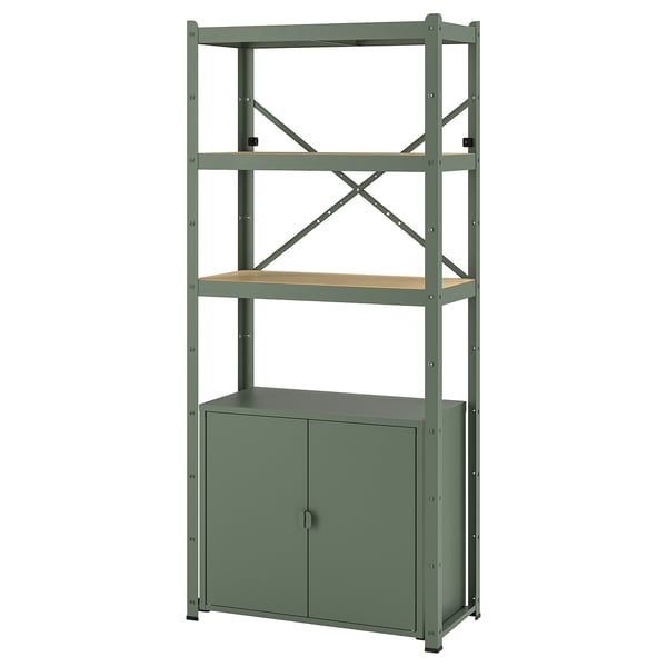 BROR shelving unit with cabinet, grey-green/pine plywood, 85x40x190 cm
