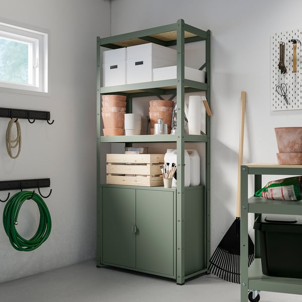 BROR shelving unit with cabinet, grey-green/pine plywood, 85x40x190 cm