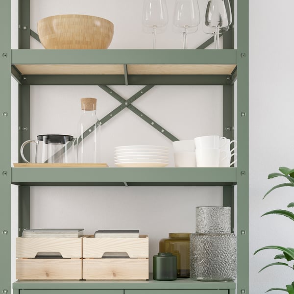 BROR shelving unit with cabinet, grey-green/pine plywood, 85x40x190 cm