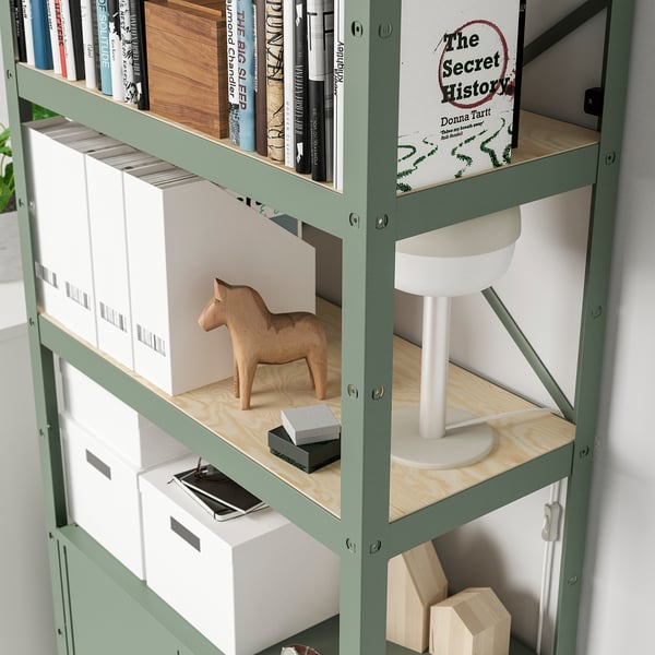 BROR shelving unit with cabinet, grey-green/pine plywood, 85x40x190 cm
