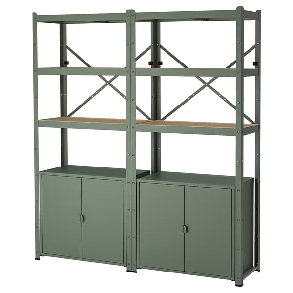 BROR shelving unit with cabinets, grey-green/pine plywood, 170x40x190 cm