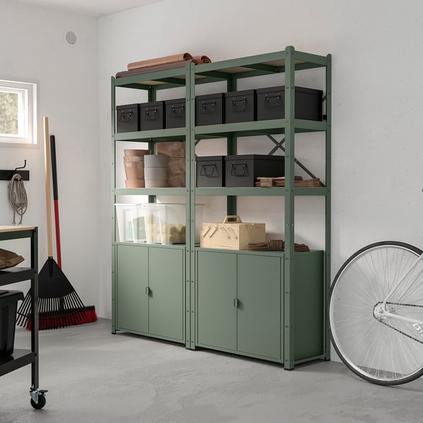 BROR - BROR Shelving unit with cabinets, grey-green/pine plywood, 170x40x190 cm