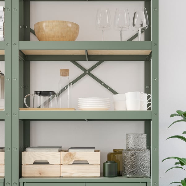 BROR shelving unit with cabinets, grey-green/pine plywood, 170x40x190 cm