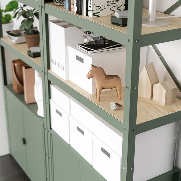 BROR - BROR Shelving unit with cabinets, grey-green/pine plywood, 170x40x190 cm