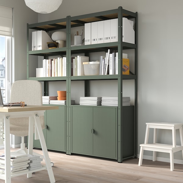 BROR - Shelving unit with cabinets, grey-green/pine plywood, 170x40x190 cm