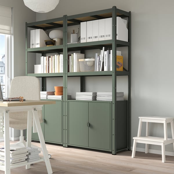 BROR - BROR Shelving unit with cabinets, grey-green/pine plywood, 170x40x190 cm