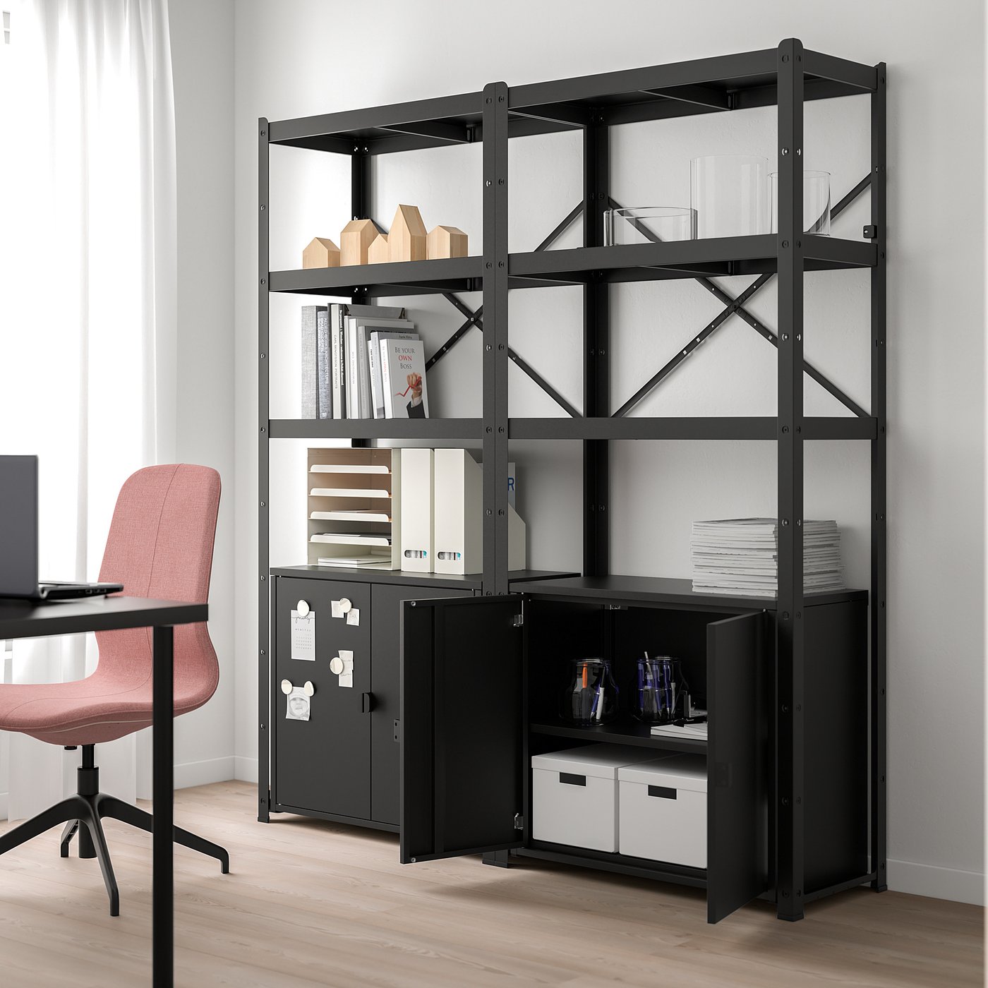 BROR shelving unit with cabinets, black, 170x190x40 cm
