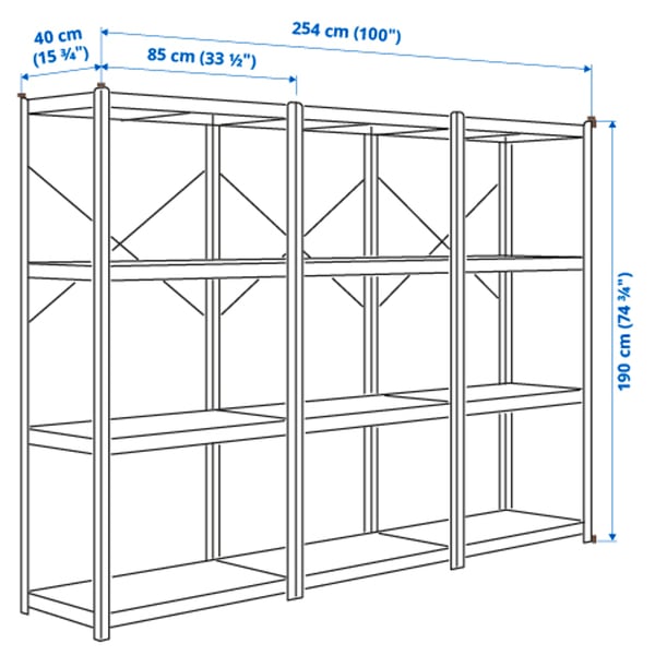 BROR shelving unit, grey-green/pine plywood, 254x40x190 cm