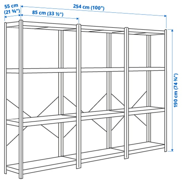 BROR shelving unit, grey-green/pine plywood, 254x55x190 cm