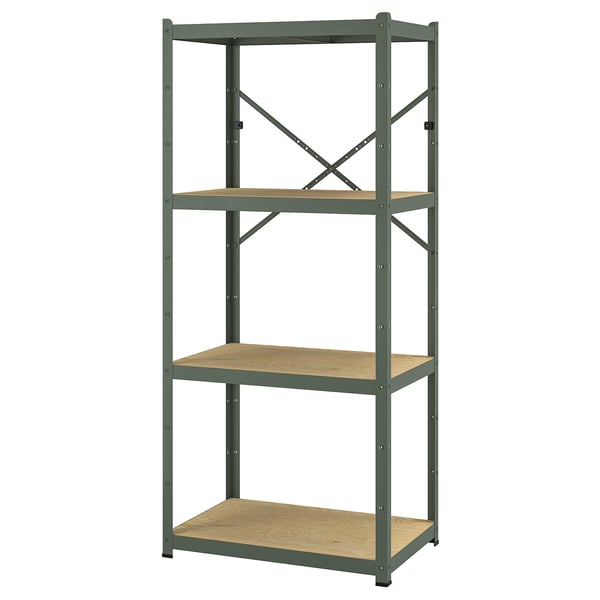 BROR shelving unit, grey-green/pine plywood, 85x55x190 cm