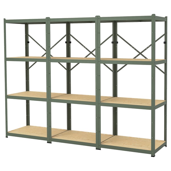 BROR shelving unit, grey-green/pine plywood, 254x55x190 cm