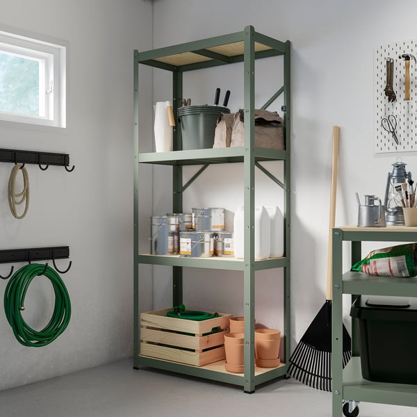 BROR shelving unit, grey-green/pine plywood, 85x40x190 cm