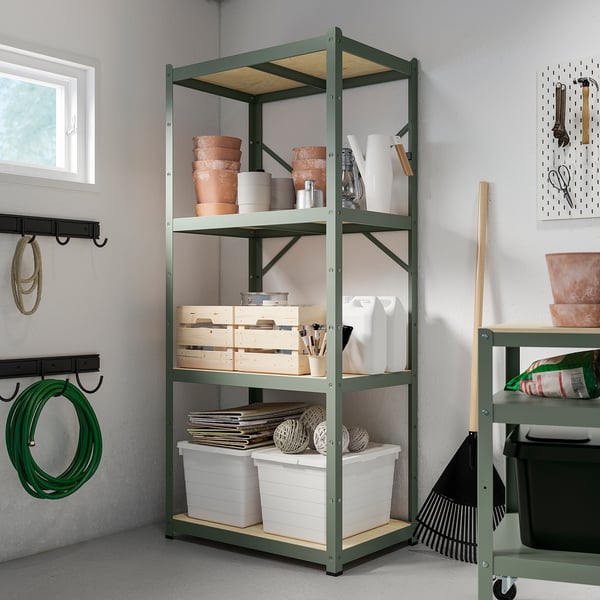 BROR shelving unit, grey-green/pine plywood, 85x55x190 cm
