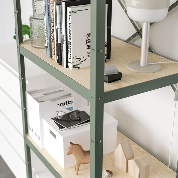 BROR shelving unit, grey-green/pine plywood, 85x55x190 cm