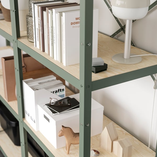 BROR shelving unit, grey-green/pine plywood, 254x55x190 cm