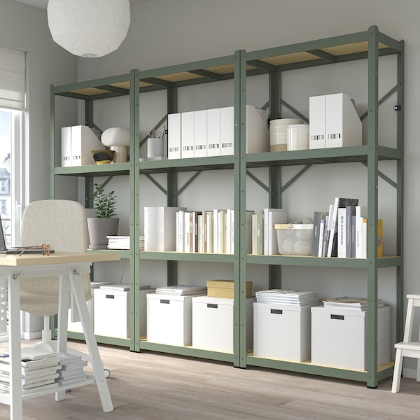 BROR - Shelving unit, grey-green/pine plywood, 254x40x190 cm