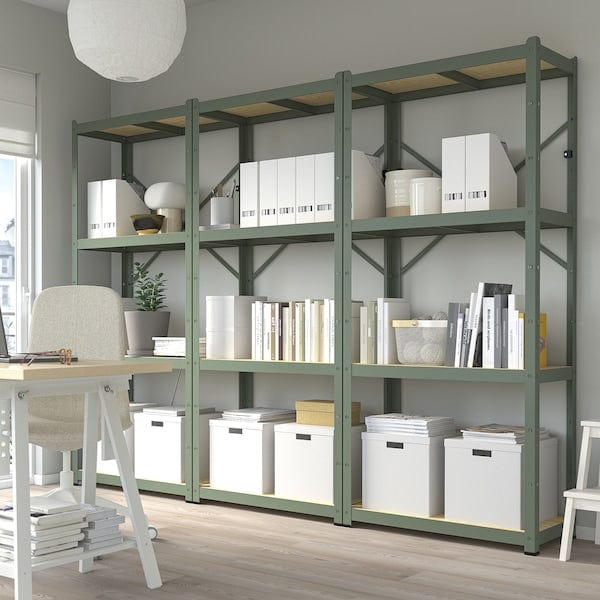 Ikea BROR - Shelving unit, grey-green/pine plywood, 254x40x190 cm