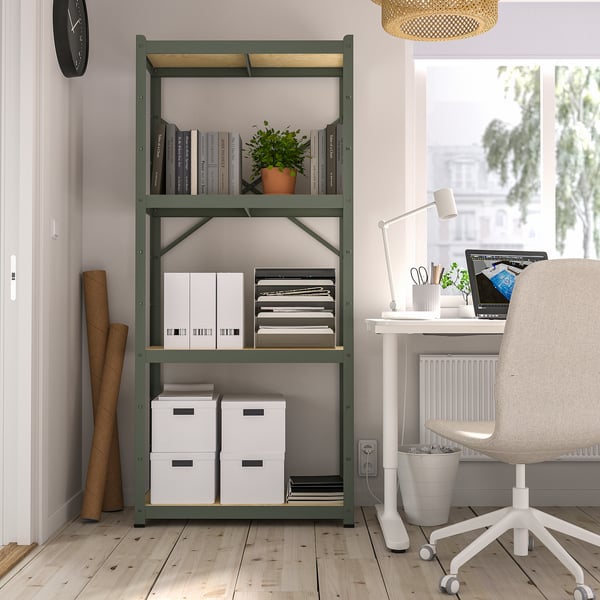 BROR shelving unit, grey-green/pine plywood, 85x40x190 cm