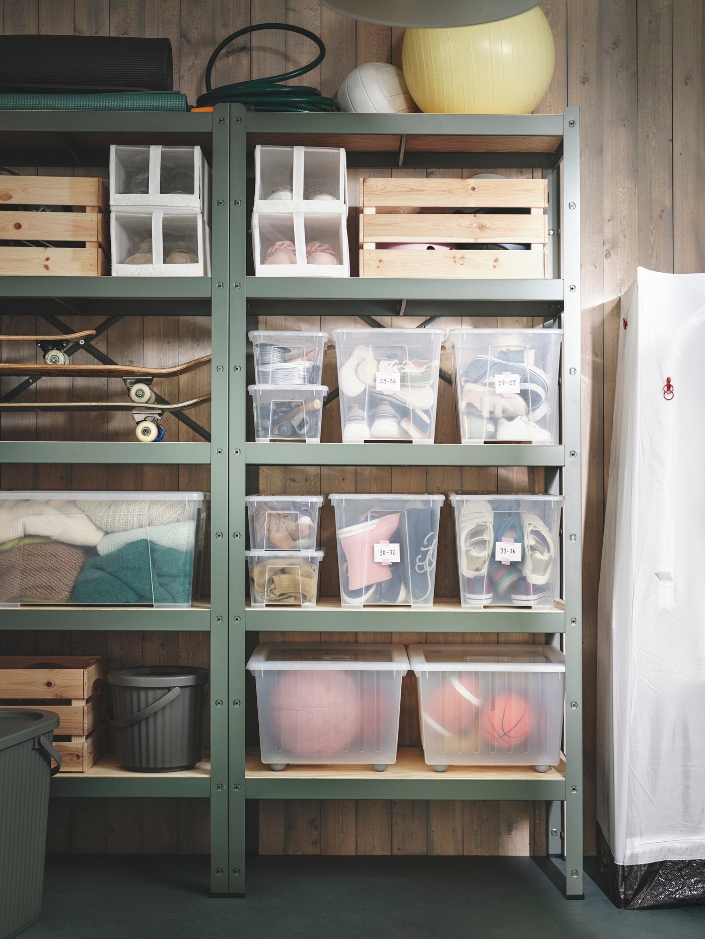 BROR shelving unit, with 5 shelves grey-green/pine plywood, 85x40x190 cm