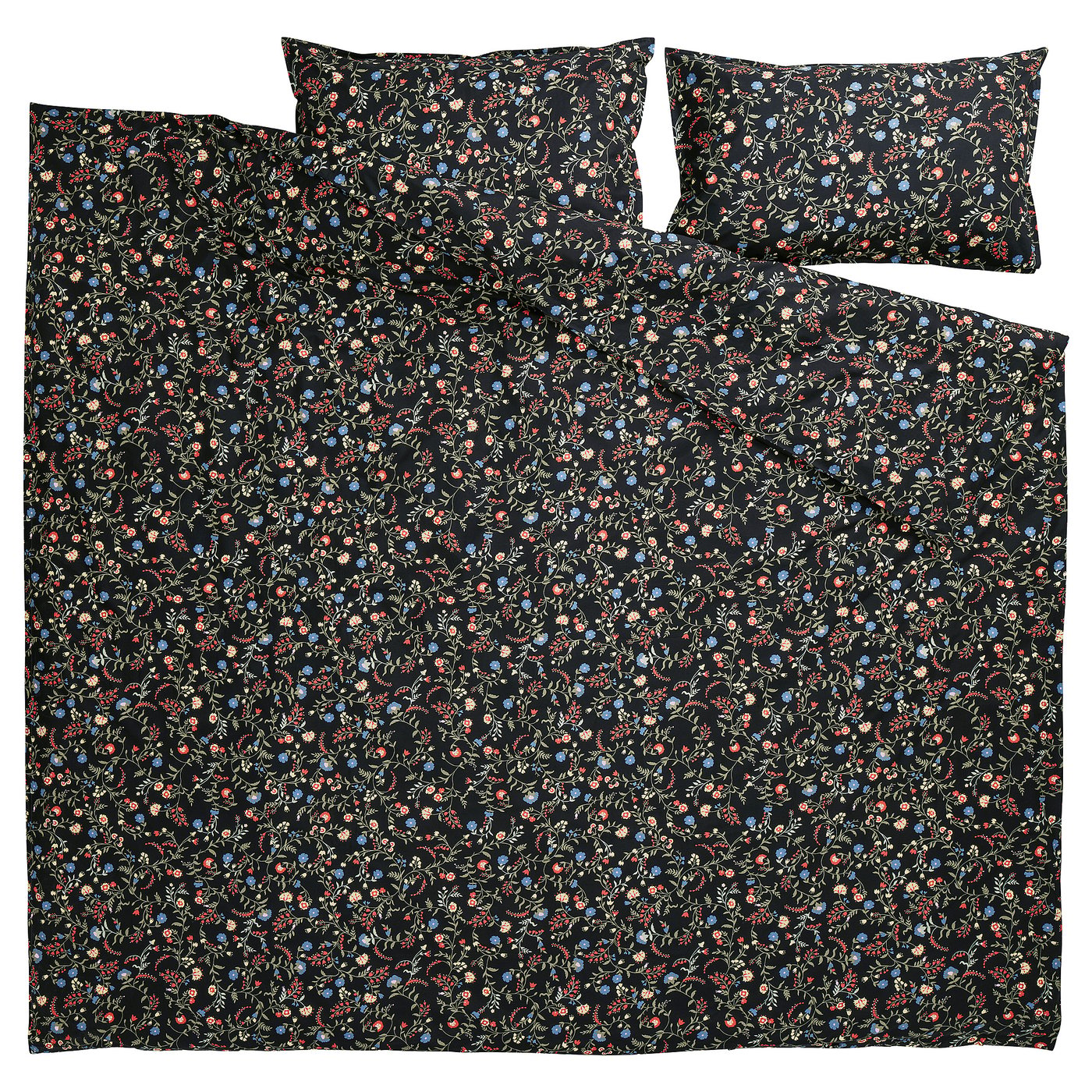 BRUDKRUSBÄR duvet cover and 2 pillowcases, black multicolour/floral pattern, 240x220/50x80 cm