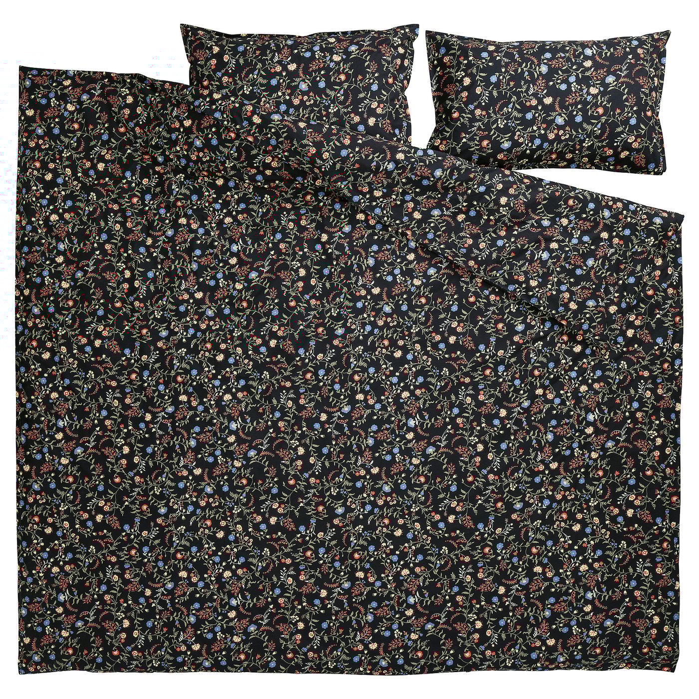 BRUDKRUSBÄR duvet cover and 2 pillowcases, black multicolour/floral pattern, 240x220/50x80 cm