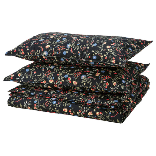BRUDKRUSBÄR duvet cover and 2 pillowcases, black multicolour/floral pattern, 240x220/50x80 cm