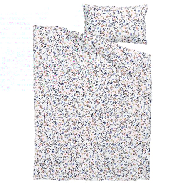 BRUDKRUSBÄR comforter cover and pillowcase, white patterned/floral pattern, 150x200/50x80 cm
