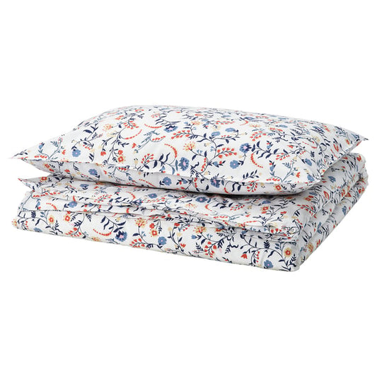 BRUDKRUSBÄR comforter cover and pillowcase, white patterned/floral pattern, 150x200/50x80 cm