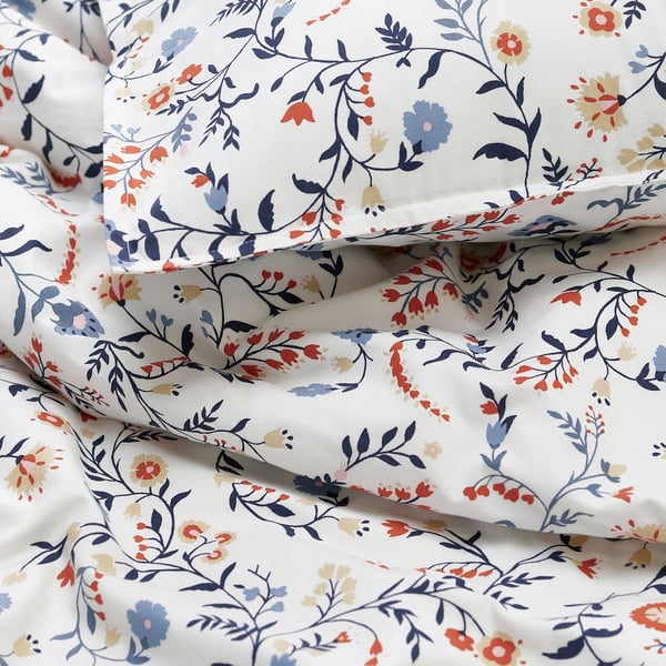 BRUDKRUSBÄR comforter cover and pillowcase, white patterned/floral pattern, 150x200/50x80 cm