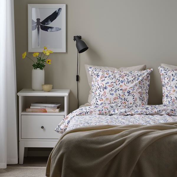 BRUDKRUSBÄR comforter cover and pillowcase, white patterned/floral pattern, 150x200/50x80 cm