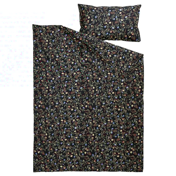 BRUDKRUSBÄR comforter cover and pillowcase, black patterned/floral pattern, 150x200/50x80 cm