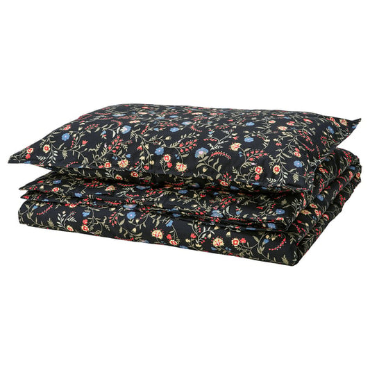 BRUDKRUSBÄR comforter cover and pillowcase, black patterned/floral pattern, 150x200/50x80 cm