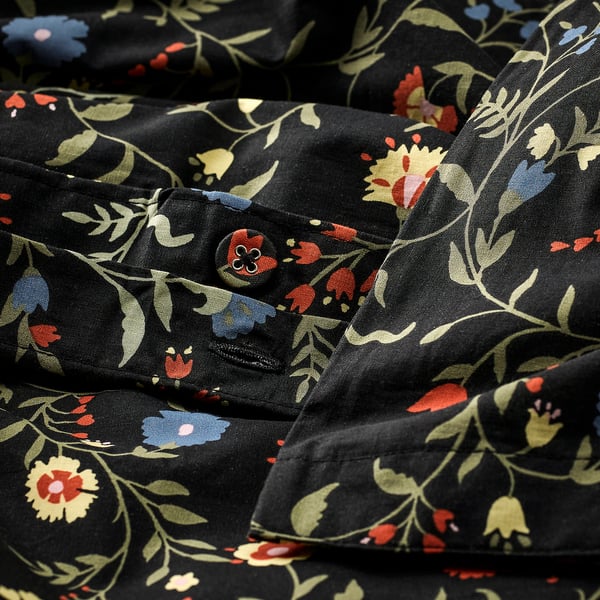 BRUDKRUSBÄR comforter cover and pillowcase, black patterned/floral pattern, 150x200/50x80 cm