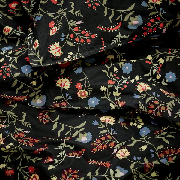BRUDKRUSBÄR comforter cover and pillowcase, black patterned/floral pattern, 150x200/50x80 cm