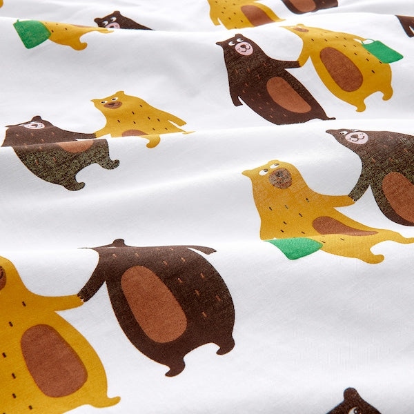 BRUMMIG - Duvet cover and pillowcase, bear pattern yellow/brown, 150x200/50x80 cm