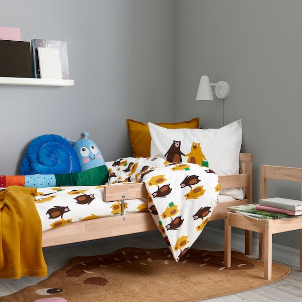 BRUMMIG - Duvet cover and pillowcase, bear pattern yellow/brown, 150x200/50x80 cm