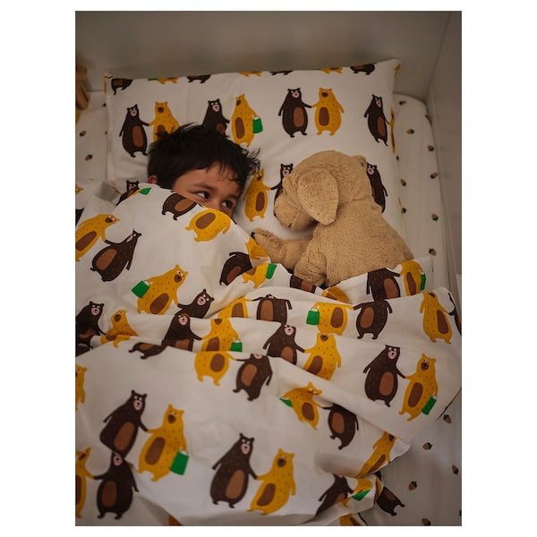 BRUMMIG - Duvet cover and pillowcase, bear pattern yellow/brown, 150x200/50x80 cm