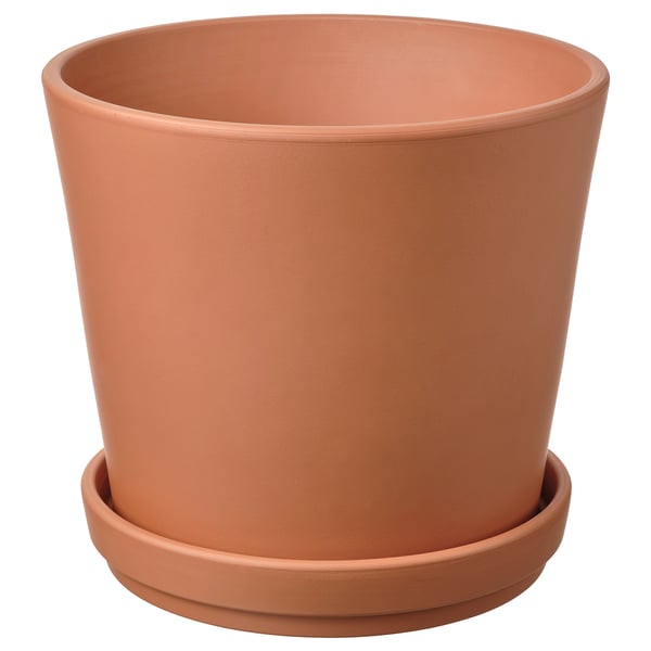 BRUNBÄR plant pot with saucer, outdoor terracotta, 24 cm