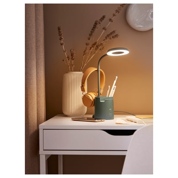 BRUNBÅGE LED work lamp, with storage dimmable/turquoise, 10x30 cm