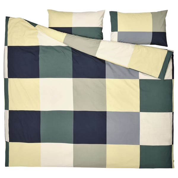 BRUNKRISSLA duvet cover and 2 pillowcases, green/multicolour, 240x220/50x80 cm