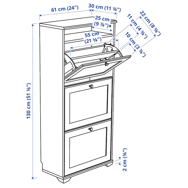 BRUSALI - Shoe cabinet with 3 compartments, white, 61x30x130 cm