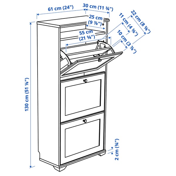 BRUSALI shoe cabinet with 3 compartments, white, 61x30x130 cm