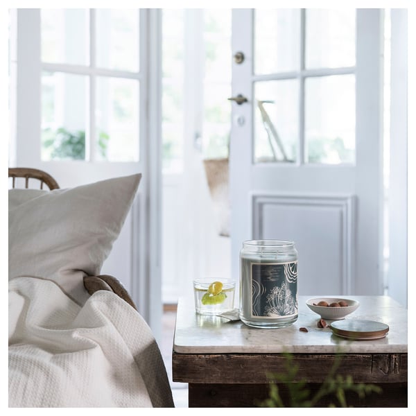 BUKETTAPEL - BUKETTAPEL Scented candle/glass w lid/2 wicks, bergamot & cedarwood/pale green, 100 hr