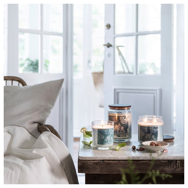 BUKETTAPEL - BUKETTAPEL Scented candle/glass w lid/2 wicks, bergamot & cedarwood/pale green, 100 hr