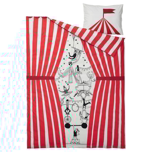 BUSENKEL - BUSENKEL Duvet cover and pillowcase, circus pattern red/white, 150x200/50x80 cm