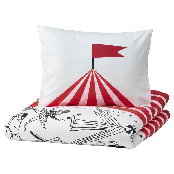 BUSENKEL - BUSENKEL Duvet cover and pillowcase, circus pattern red/white, 150x200/50x80 cm
